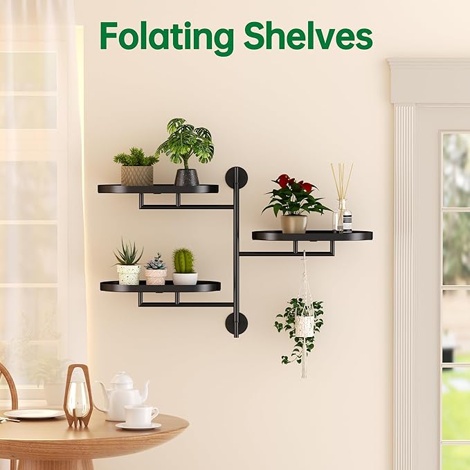 Rotating Window Shelves for Multiple Plants Indoor,3-tier Metal Corner Black Plant Stand Holder Floating Hanger Shelf for Wall，Windows Sill Gifts for Planter Lover to Enhance Home Decor