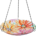 Hanging Bird Bath Outdoors Glass Bird Water Bowl Feeder Garden Decor | 12 Inch Hanging Bird Baths for Outside, Watercolour Daisy Glass Bird Water Bowl Bird Feeders for Garden, Lawn Yard Decor