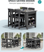 SERWALL Outdoor Bar Table and Chairs Set, 5-Piece HDPE Counter Height Patio Dining Sets with Storage and Wine Rack, Rectangular High Top Bar Table with 4 Bar Stools for Garden, Backyard, Gray