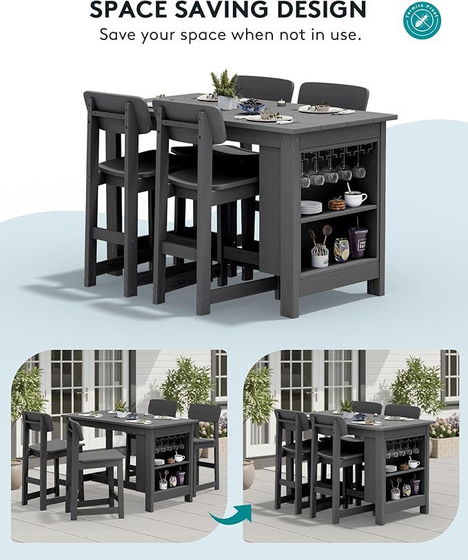 SERWALL Outdoor Bar Table and Chairs Set, 5-Piece HDPE Counter Height Patio Dining Sets with Storage and Wine Rack, Rectangular High Top Bar Table with 4 Bar Stools for Garden, Backyard, Gray
