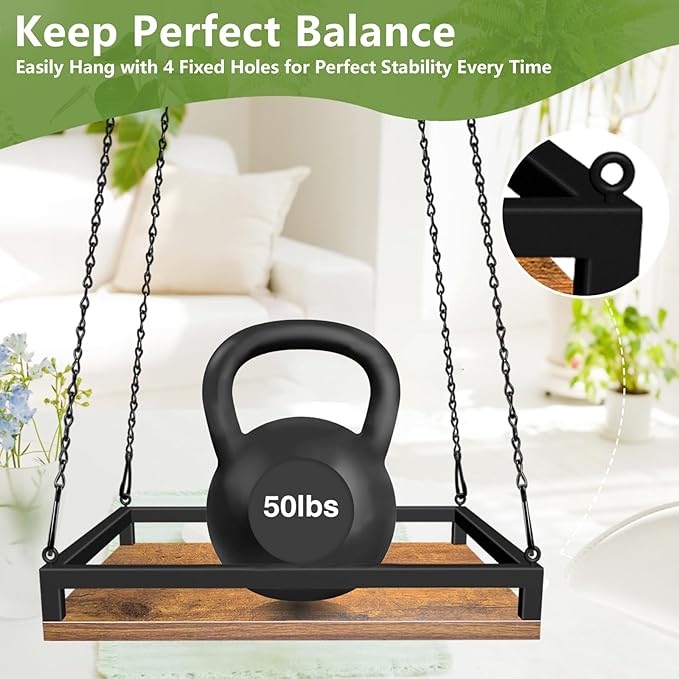 Plant Hanger Indoor, 11.8" Wooden Hanging Plant Holder with Metal Frame Hanging Planter for Indoor Plants Load 50LB Hanging Plant Shelf with 27.6" Long Chain, Ideal for Heavier Pots Ceiling（2 pack）