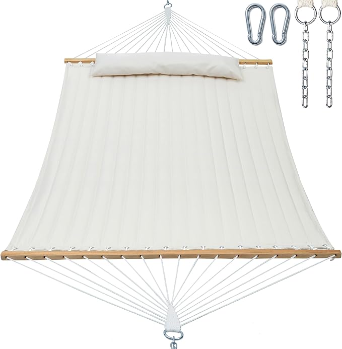 2 Person 12FT Hammocks for Outside, Double Quilted Fabric Outdoor Hammock with Spreader Bar, Large Removable Pillow, Storage Pockets, Carabiners, Max 475 lbs Capacity (Dune Beige)