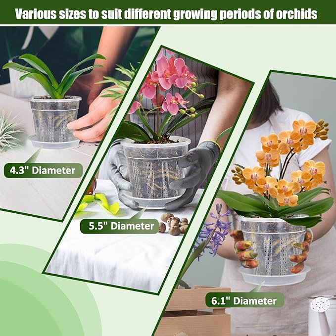 Orchid Pot with Saucers, 2 Each of 4.3",5.5",6.1" Orchid Pots with Holes, 6Pcs Clear Plastic Planter for Indoor Outdoor Plants (2 Each of 4.3,5.5",6.1" with Saucers)