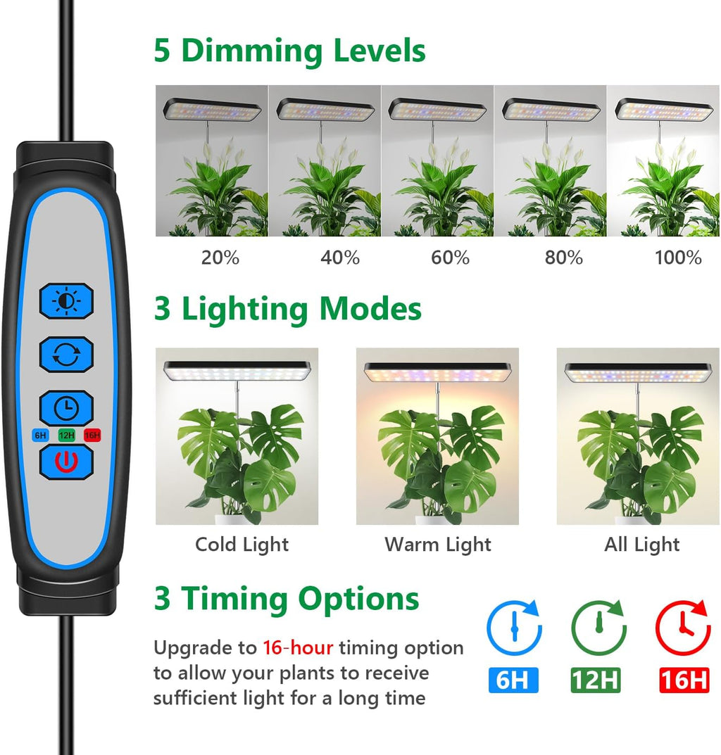 Aumtrly Grow Light Black 2 Pack, Full Spectrum Indoor Plant Light with Base | 3 Spectrum Modes, 5000K White, 26" Adjustable Height, 6/12/16H Auto Timer, 5 Brightness Levels, for Seedlings, Small Plants