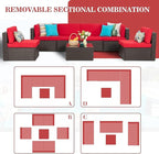 Vongrasig 7 Pieces Patio Furniture Sets, Outdoor Modular Sectional Sofa Patio Conversation Set PE Rattan Wicker Sectional Couch with Cushion, Glass Table for Patio, Garden, Poolside, Red