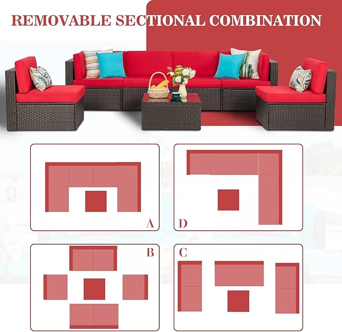 Vongrasig 7 Pieces Patio Furniture Sets, Outdoor Modular Sectional Sofa Patio Conversation Set PE Rattan Wicker Sectional Couch with Cushion, Glass Table for Patio, Garden, Poolside, Red