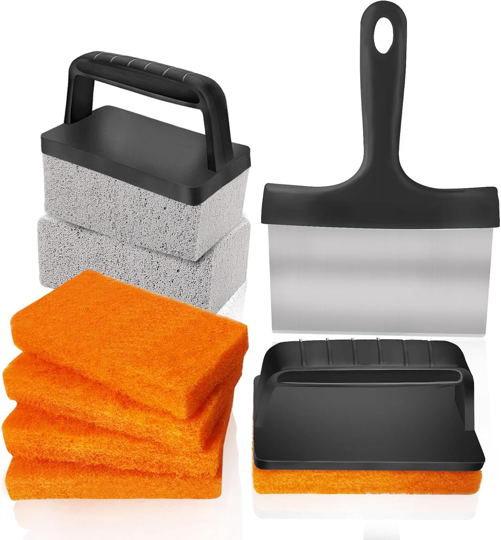 10 Pieces Griddle Cleaning Kit for Blackstone Flat Top Grill | Professional Heavy Huty Scraper, Grill Stones, Scouring Pads and Handles to Remove Grease and Residue from Flat Top Griddles