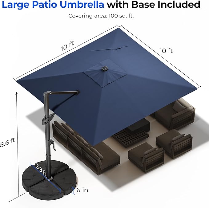 HOMSHADE 10 ft Square Cantilever Patio Umbrella with Base Included, Solar Lights Large Umbrella Outdoor Patio with 360°Rotation&Tilting, LED Lighted Offset Umbrellas w/Stand for Pool Deck