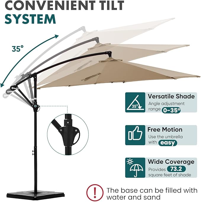 OLIXIS 9.7FT Offset Patio Umbrella with Base, Cantilever Table Umbrellas for Outdoor Sun Shade UV Protection with Easy Tilt Adjustment, 8 Ribs for Backyard, Lawn, Garden, Pool - Khaki