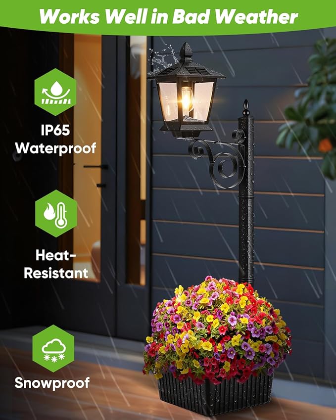 2 in 1 Outdoor Flower Pots, 35” Solar Lamp Post Light with Planter, Metal Pole & IP65 Waterproof, Freestanding Outdoor Planters, Decorative Solar Lamp for Outside, Front Door, Yard, 1-Pack
