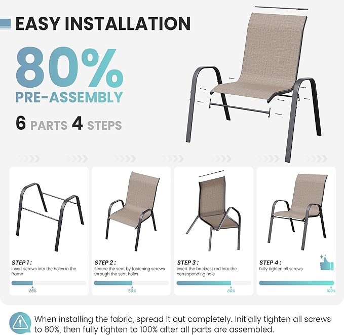 Patio Dining Chairs Set of 8, Outdoor High Stacking Chairs，Breathable Seat Fabric and Alloy Steel Frame for Backyard, Porch, Garden, Sunroom (Light Brown)