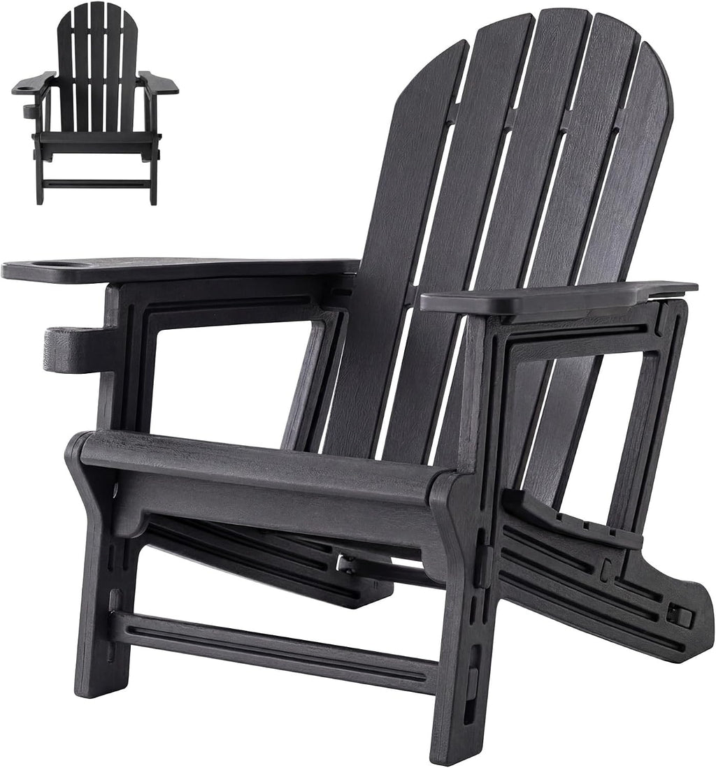 SUNBURY Outdoor Adirondack Chair, Set of 1 HDPE Chair w Cup Holder | 0 Screws Wood Textur Garden DIY Chair Weather Resistant, Fire Pit Chair, Plastic Patio Chair for Deck,Backyard,Garden, Black