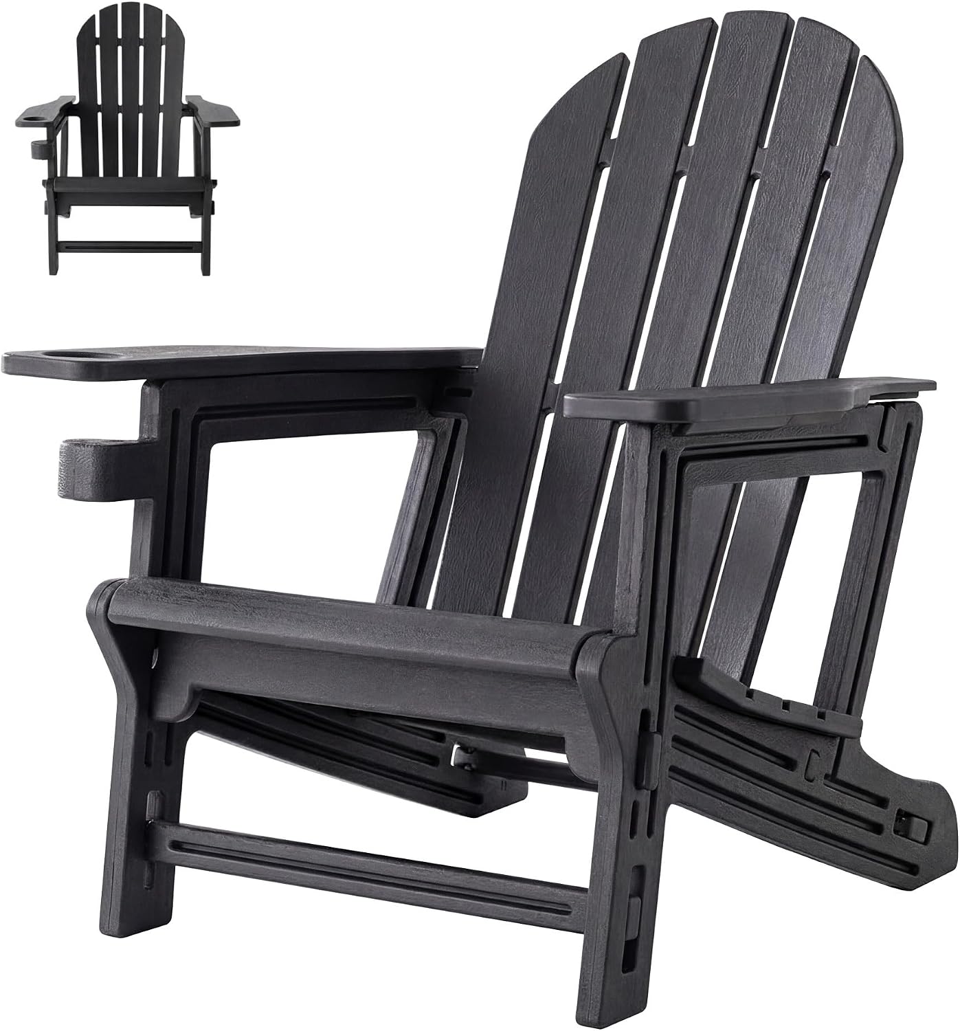 SUNBURY Outdoor Adirondack Chair, Set of 1 HDPE Chair w Cup Holder | 0 Screws Wood Textur Garden DIY Chair Weather Resistant, Fire Pit Chair, Plastic Patio Chair for Deck,Backyard,Garden, Black