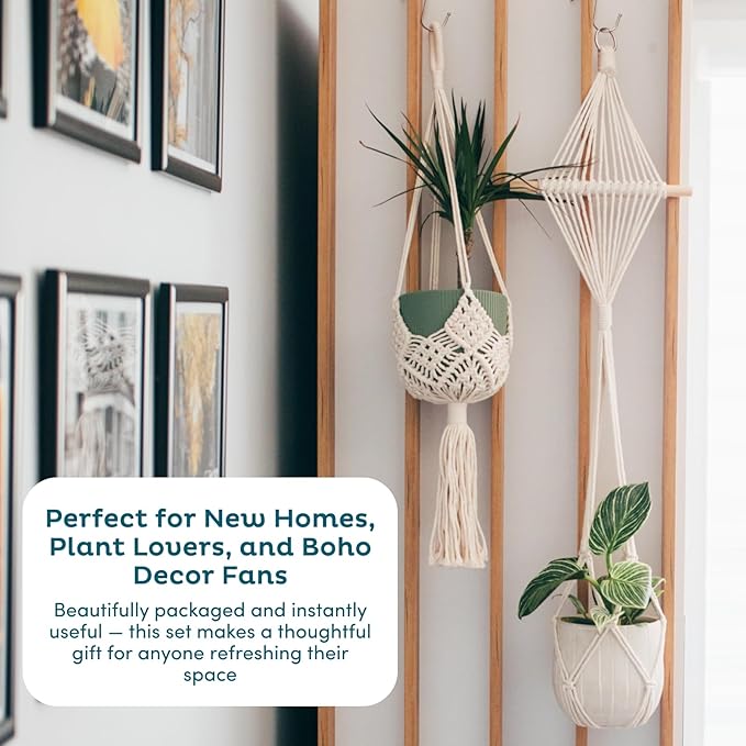 Nook Theory 4-Pack Macrame Plant Hangers with 8 Hooks - Hanging Planters for Indoor Plants, Boho Macrame Hangers Indoor Outdoor, Decorative Plant Hanger Indoor (Light Gray)
