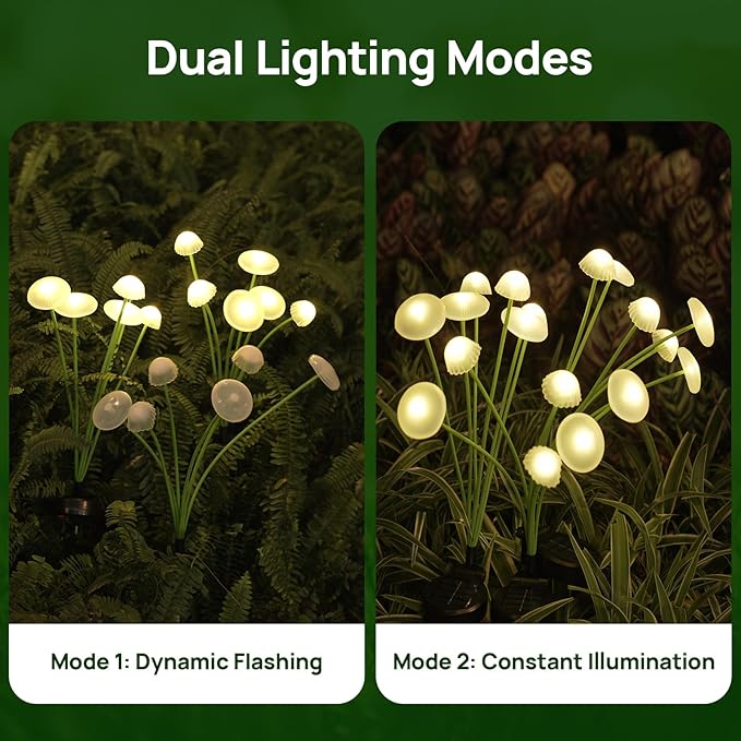 Solar Garden Lights, 2-Pack Dual Mode LED Solar Mushroom Lights, Waterproof Firefly Outdoor Decor for Yard, Patio, and Pathway – Warm White Jellyfish Ambiance