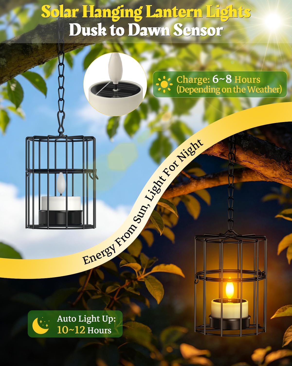 Yme Solar Hanging Lanterns Outdoor Waterproof, Long Lasting Solar Tea Light | 2 Large 2 Small Hanging Candle Holders, Flickering Flameless LED Solar Tealights, Outdoor Decor for Tree Patio Garden Pergola