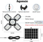 solar shed light outdoor indoor, 176led solar powered showing dimensions