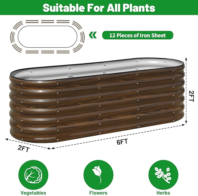 SnugNiture Galvanized Steel Raised Garden Bed Kit, 2 Pcs 6x2x2 ft Large Metal Planter Box Outdoor for Gardening Vegetables, Flowers and Fruits