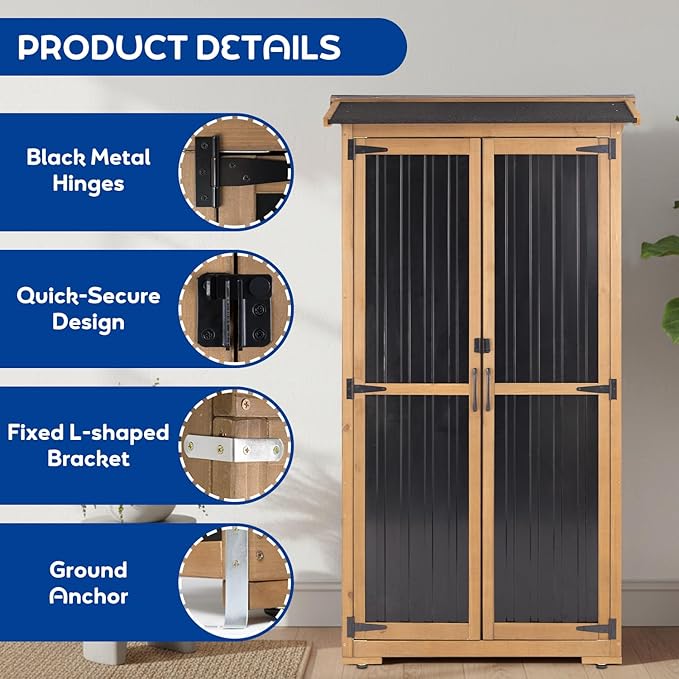 Storage Cabinet Outdoor Garage Cabinets with 3 Adjustable Shelves, Lockable Door, Wood & Metal Weather-Resistant Pantry Cabinet for Patio Garden Home Farm (33.3" Lx 21" Wx 69" H)