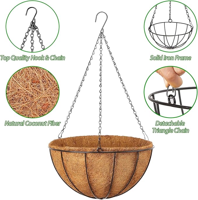 Hanging Baskets Planter for Plants - 2 Pack 10 Inch Metal Baskets with Coco Coir Liner, Hanging Flower Pots for Outside with Chain, Indoor Outdoor Garden Porch Decoration (10'' Pack of 2)