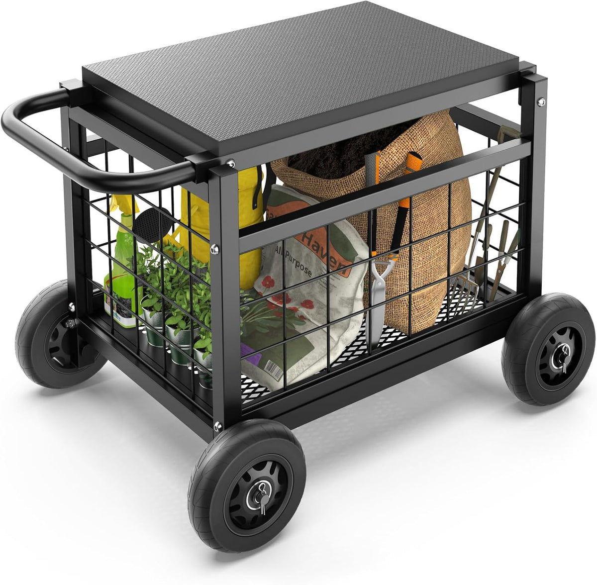 garden cart with seat,3-in-1 rolling seat with wheels, main product view