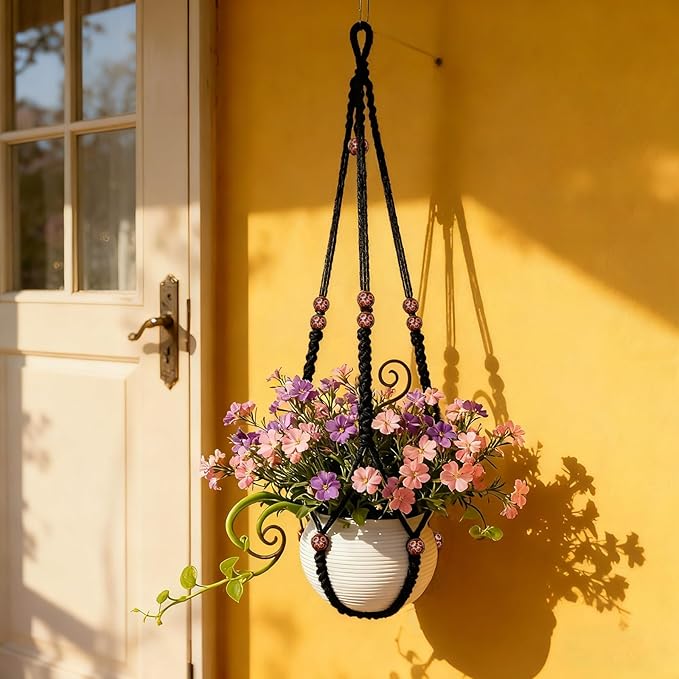 35 Inch Macrame Plant Hanger, Large for up to 15 Inch Pot Extra Long Hanging Planter Holder Basket with Wood Beads for Indoor Outdoor Home Decor (Black, 1-Pack)