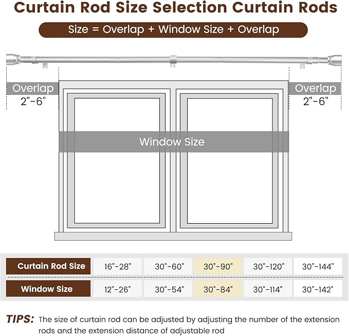 1” Diameter Silver Curtain Rod Itself is 30-90 Inch 2 Pack, Fit 30 to 84 Inch Windows with Heavy Duty Adjustable Telescopic Rod，Splicing Metal Extra Long Curtain Rod for Windows