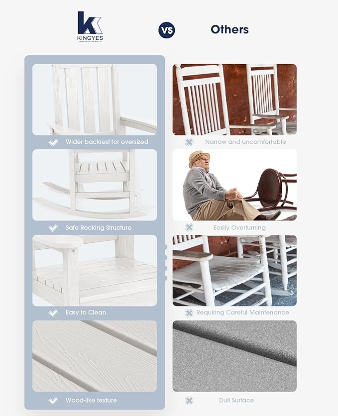 KINGYES Oversized Outdoor Rocking Chair Set of 8, All-Weather Patio Rocking Chairs for Porch, HDPE Outdoor Patio Rockers with High Back & Wide Seat for Garden, Lawn, White