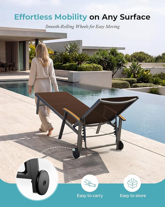Ciokea Outdoor Lounge Chair with Pillow, 5-Position Aluminum Chaise Lounge with Wheels & Armrests, 400 lbs Heavy Duty Patio Pool Chair for Deck, Backyard, Beach & Poolside, Brown