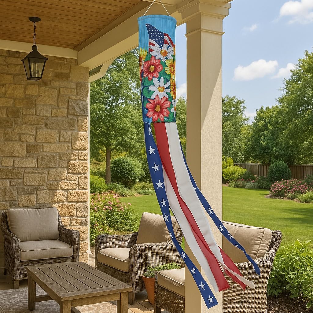 Madrona Brands American USA Liberty Flowers Windsock | Durable Outdoor Patriotic Hanging Wind Flag Decoration | Yard, Porch, Patio | 48 Inch