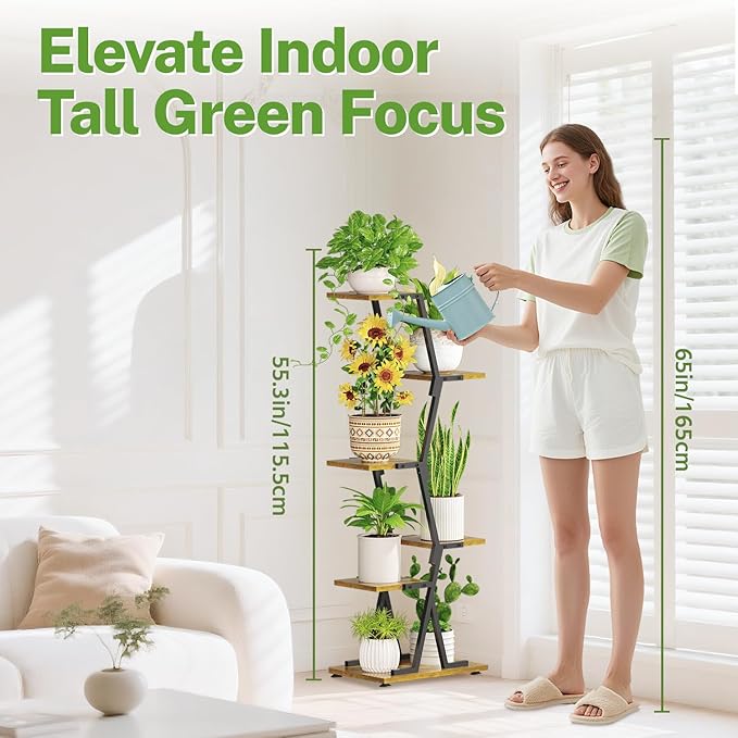 iDavosic.ly 5 Tier Indoor Plant Stand, Corner Tall Metal & Wood Flower Shelf, Orchid Display Rack for Living Room Balcony Patio Porch, Space Saving & Multifunctional Display, Black & Brown