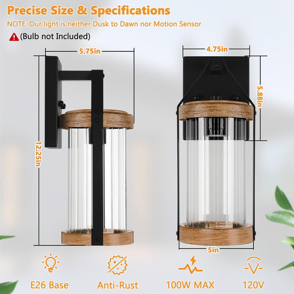 2-Pack Outdoor Light Fixtures, Waterproof Modern Exterior Wall Lantern Porch Lights, Black Wall Sconce with Clear Ribbed Glass, Outside Light with Wood Texture for House, Bulbs Not Included