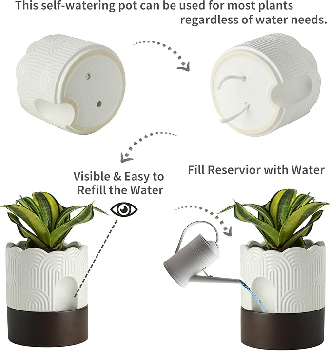 Nihow Self Watering Plant Pot Set: 6 Inch & 8 Inch Ceramic Planter with Drainage Hole & Water Storage Plus - Relief Design Self Watering Pot for Indoor Plants - Beige & Brown Flower Pot -Set of 2
