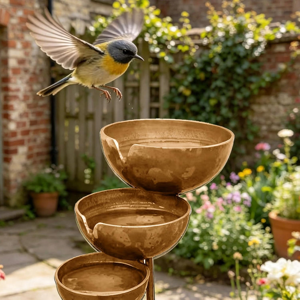 3-Tier Rain Catcher Garden Stake, Antique Bronze Metal Bird Bath & Feeder Bowls, Adjustable Height Cascading Water Station for Outdoor Yard, Lawn, Flower Bed Decor & Wildlife Pollinator Oasis