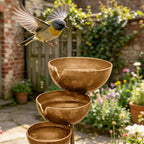 3-Tier Rain Catcher Garden Stake, Antique Bronze Metal Bird Bath & Feeder Bowls, Adjustable Height Cascading Water Station for Outdoor Yard, Lawn, Flower Bed Decor & Wildlife Pollinator Oasis