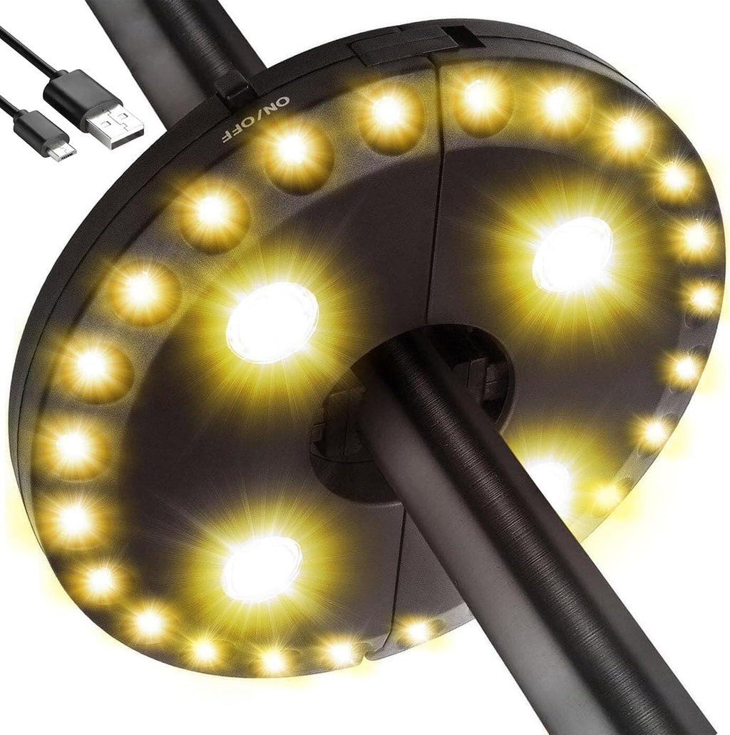 LATME Patio Umbrella Light Rechargeable Umbrella Lights– 10-25 Hours Runtime,Umbrella Pole Light 3 Lighting Modes Cordless,Patio Pool Accessories and Backyard Decor (Warm Yellow)