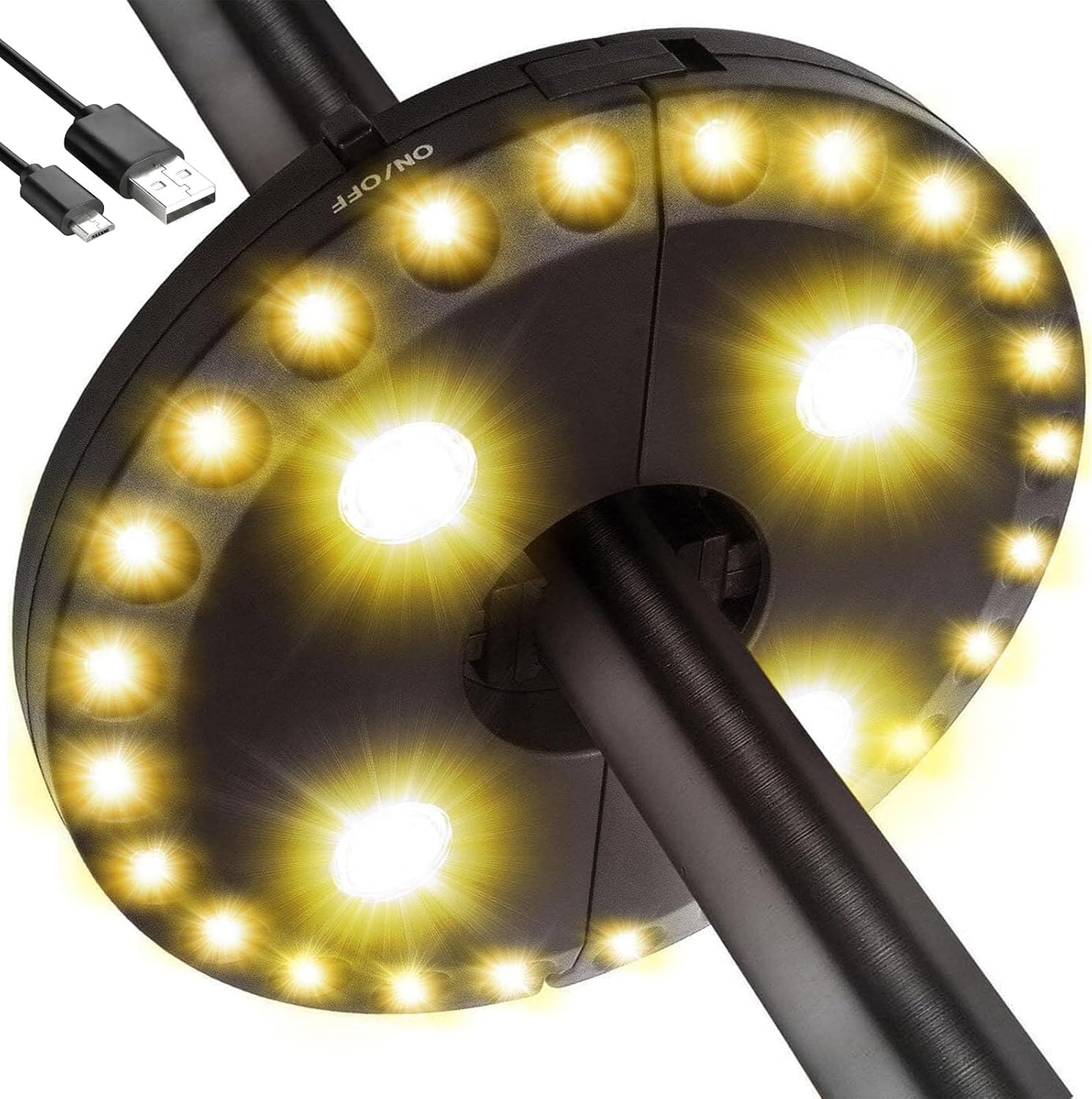 LATME Patio Umbrella Light Rechargeable Umbrella Lights– 10-25 Hours Runtime,Umbrella Pole Light 3 Lighting Modes Cordless,Patio Pool Accessories and Backyard Decor (Warm Yellow)