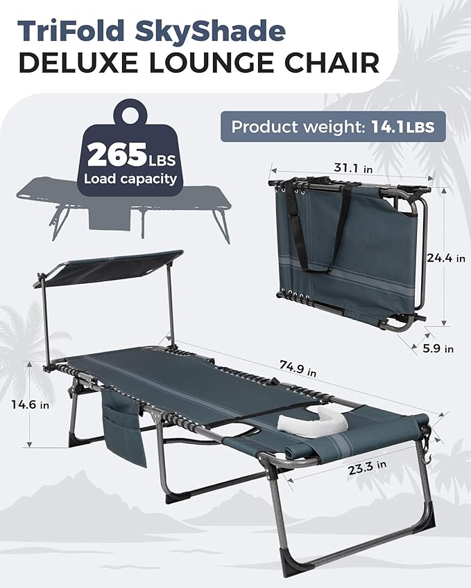 KingCamp 2 Pack Tanning Chair with Face Hole, Lounge Chairs Outdoor Folding Comfy Adjustable 5-Position Chaise Chaser with Canopy Shade for Outside Beach Patio, Blue/Grey