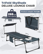 KingCamp 2 Pack Tanning Chair with Face Hole, Lounge Chairs Outdoor Folding Comfy Adjustable 5-Position Chaise Chaser with Canopy Shade for Outside Beach Patio, Blue/Grey
