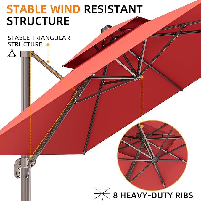 9' X 12' Cantilever Outdoor Patio Umbrellas Double Top Large Rectangle Umbrella Heavy Duty 360°Rotation Offset Umbrella for Garden Deck Pool Patio,Red