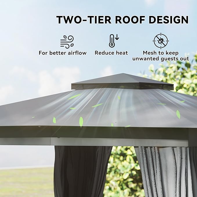 Outsunny 10' x 12' Outdoor Patio Gazebo, Heavy Duty Gazebo Canopy Shelter with Double Roof, Curtains, Netting, Steel Frame, UPF30+ Protection, Ceiling Hooks for Lawn, Backyard, Deck, Dark Gray