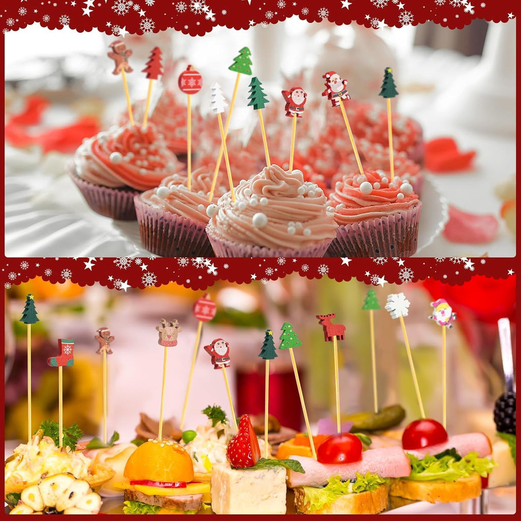 300 Pack Christmas Cocktail Picks Party Supplies, 15 Kinds of Toothpicks for Appetizers, 5.1 Inch Natural Bamboo Tree Cocktail Picks Charcuterie Drink Stirrers Skewers Holiday Decorations Decor