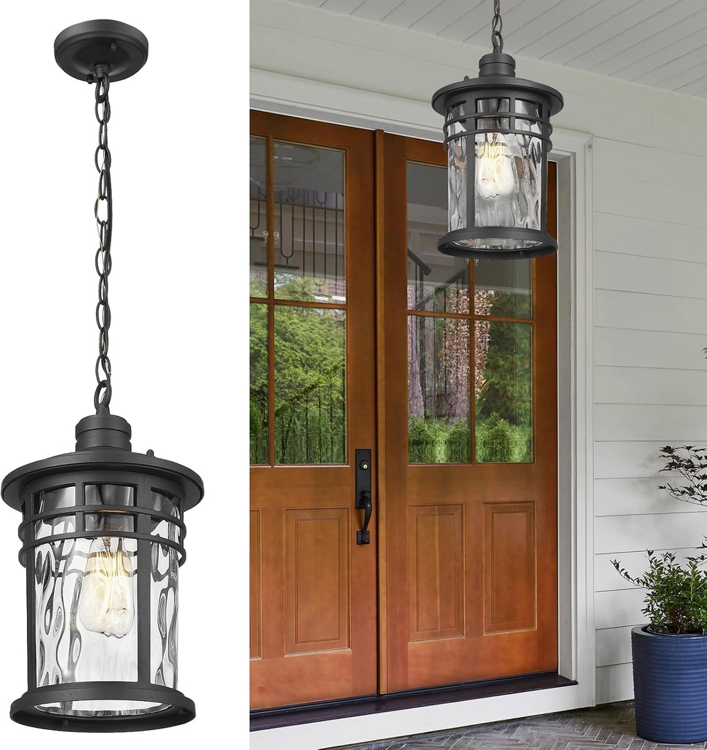 Darkaway Large Outdoor Pendant Lights for Porch, 15inch Outdoor Chandelier Hanging Porch Lights Outside Ceiling Mount Aluminum with Water Ripple Glass for Front Porch Gazebo Patio