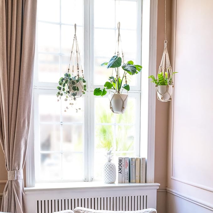 Mkono Macrame Plant Hanger Indoor Hanging Planter Basket with Wood Beads Decorative Flower Pot Holder No Tassels for Indoor Outdoor Boho Home Decor 35 Inch, Ivory, Set of 3 (POTS NOT Included)