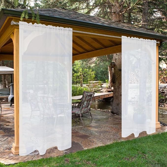 SpaceDresser Waterproof Outdoor Sheer Curtains for Patio - 2 Panels Rod Pocket Indoor Voile Sheer Curtain for Living Room,52W x 108L inch, White