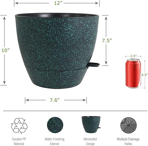 12inch 2Pack Large Self Watering Planters, Plastic Plant Pots with 60oZ Removable Deep Reservoir and Multi Mesh Drainage Holes for Indoor Outdoor Garden Plants and Flowers, Black with Green Speckles