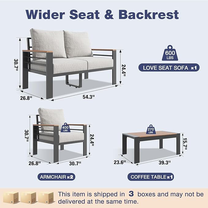 Aoxun Aluminum Patio Furniture Set with Umbrella 4 Seats, Oversized Outdoor Sectional with Washable Thick Cushions, Coffee Table and Waterproof Cover, Patio Conversation Sets for Porch, Balcony, Deck