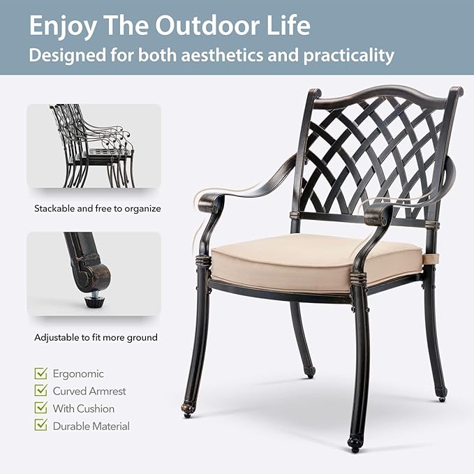 7-Piece Cast Aluminum Patio Furniture, Outdoor Dining Sets for 6 Include 54" Round Patio Dining Table and 6 Stackable Chairs with Cushions & Umbrella Hole (Bronze)