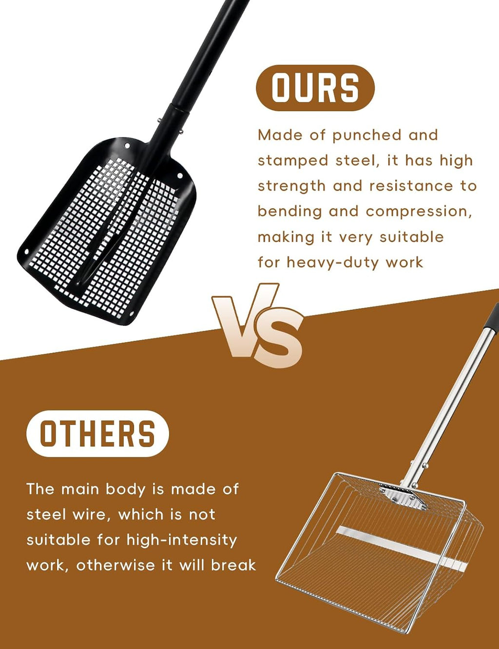 heavy duty sifting shovel with adjustable handle (26"-48") on a desk or shelf