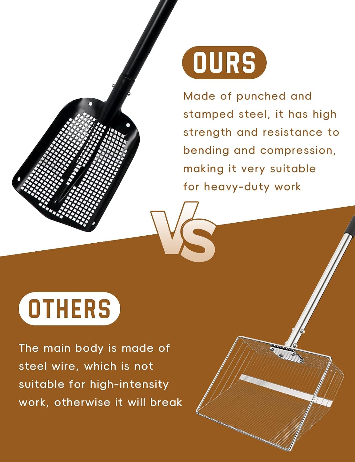 heavy duty sifting shovel with adjustable handle (26"-48") on a desk or shelf